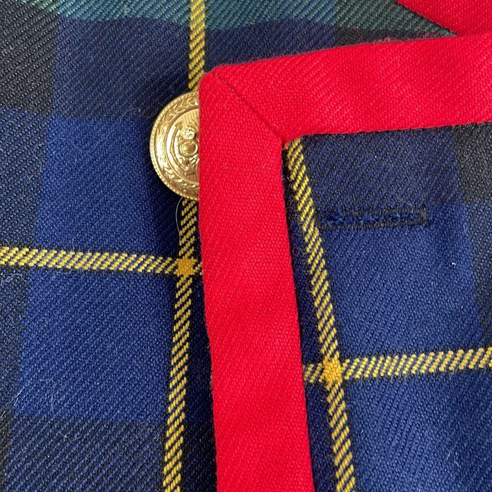 Vintage Maggy Boutique Blue/Green Plaid Jacket w/Red Trim & Gold Buttons - Picture 6 of 9